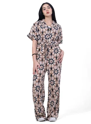 Belted Half Sleeves Jump Suit with 2 Pockets 