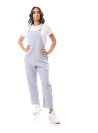 Linen Cotton Jumpsuit With Buttons - Light Blue 