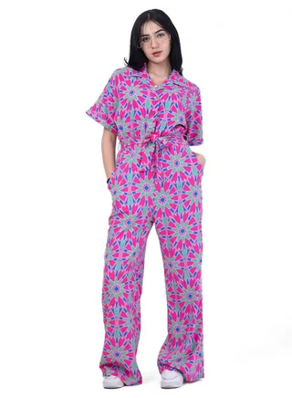 Belted Half Sleeves Jump Suit with 2 Pockets 