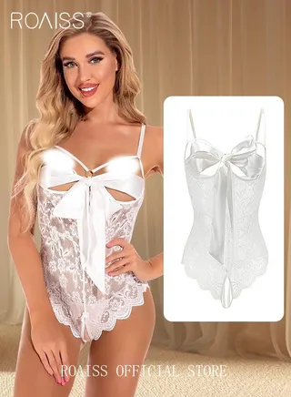 Sweet Lingerie Women Lace One-Piece Underwear Backless Hollow Out Uniform Temptation Passion Open Crotch Open-Chested Bowknot Bodysuit White 