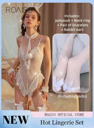 Bunny Girl Onesie Lingerie for Women Lace Edge Transparent Mesh Deep V Suspender Pajamas Cute Girly Type Maid Spaghetti Straps Underwear Ladies Loungewear Teddy Babydoll Cosplay Costumes 
