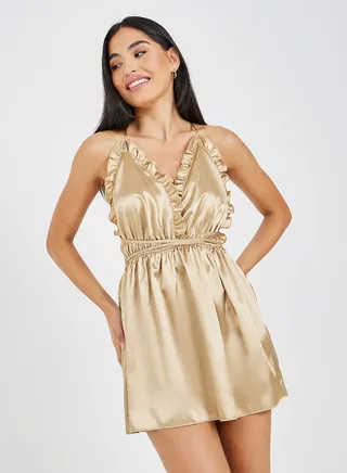 Deep V Ruffle Edge Satin Babydoll With Low Back 