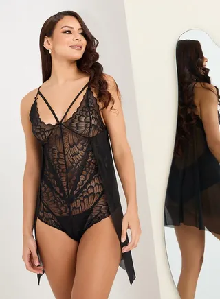 Scalloped Edge Lace Bodysuit with Mesh Half Skirt Cover Up 