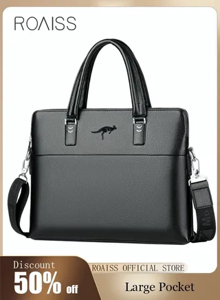 Classic PU Business Leather Briefcase 14-Inch Laptop Bag Large Slim Messenger Bag Soft Top Handle Handbag with Long Straps for Men Travel Office Work Black 