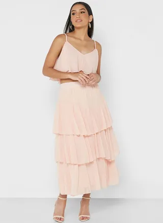 Cold Shoulder Ruffle Detail Crop Top & Skirt Set
