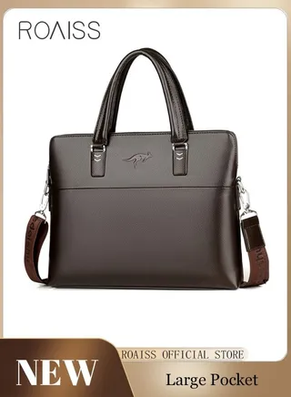 Classic PU Business Leather Briefcase 14-Inch Laptop Bag Large Slim Messenger Bag Soft Top Handle Handbag with Long Straps for Men Travel Office Work 