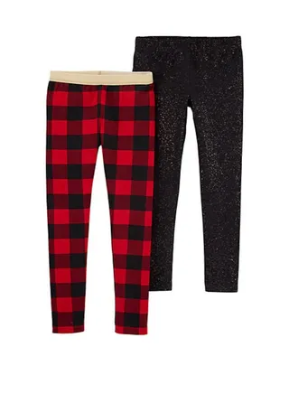 2 Pack Checked And Glitter Detail Leggings Red/Black 