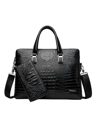 Crocodile Pattern Synthetic Briefcase With Wallet Black 