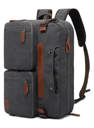 Convertible Multi-Functional Laptop Briefcase Outdoor Backpack Grey Canvas 