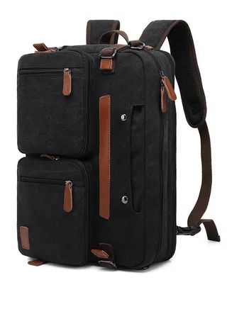 Convertible Multi-Functional Laptop Briefcase Outdoor Backpack Black Canvas 