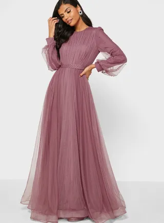 Embellished Belt Pleated Maxi Dress Purple 