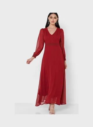 Sheer Sleeve Fit & Flare Dress Red 