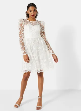 Sheer Floral Embroidered Skater Dress 