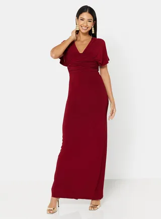 Empire Waist Evening Batwing Dress Burgundy 