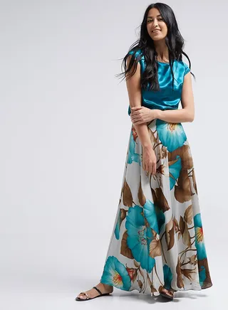 Floral Printed Layered Maxi Dress Turquoise Blue/Brown/Beige 