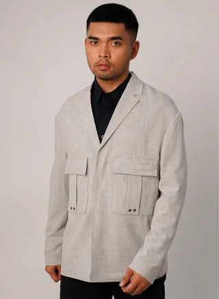 Men's Double Chest Flap Pockets Long Sleeves Blazer in Light Gray 