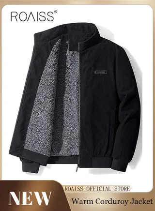Mens Corduroy Jackets Thickened Jacket Large Size Solid Color Lapel Loose Fashion Jackets Men Zip Up Patches for Men's Jacket Bomber Jacket 