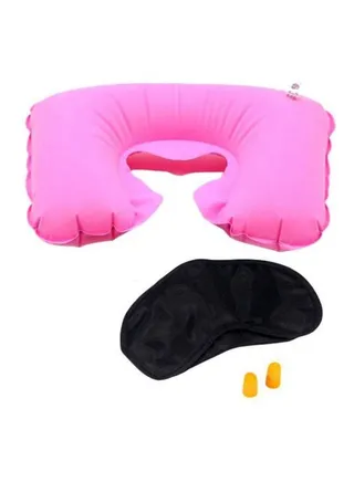 Travel Neck Air Pillow With Eye Mask And Ear Plug Pink/Black 