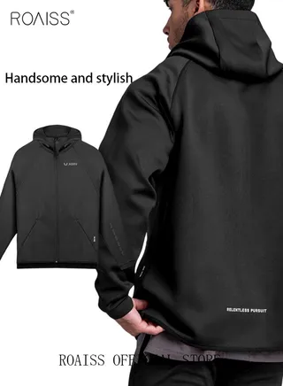 Men's Zipper Up Hooded Sweatshirt with Pockets Fall Winter Clothing for Men Sports Sweater Activewear Outerwear Loose Jacket Plus Size Solid Color Printed Cardigan Coat Black 
