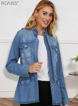 Women's Fashion Denim Coat Classic Stand Collar Long Sleeve Jacket With Waist Closing Design Zipper Closure Casual Denim Jacket 