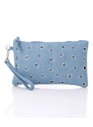 Perforated Light Blue Denim Casual Zipper Closure Clutch 