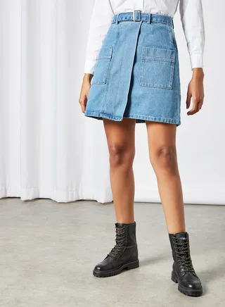 Wrap Front Skirt Medium Blue Denim 