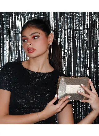 Elegant Gold Sequin Embellished Evening Clutch Bag with golden strape 