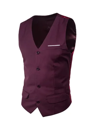 Solid Sleeveless Business Waistcoat Red/Purple 
