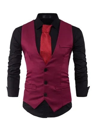 Solid Single Row Three Button Waistcoat Red 