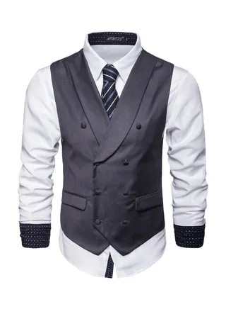 Solid Double-breasted Business Waistcoat Grey 