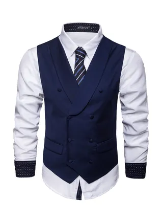 Solid Double-breasted Business Waistcoat Navy 