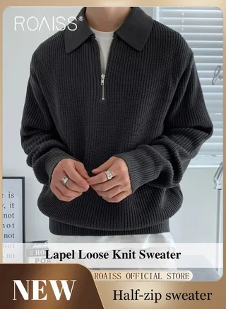 Half Turtleneck Sweater for Men with Zipper Men's Lapel Loose Sweater Vertical Pattern Solid Color Design Visually Slimming Comfortable and Stylish Knit Pullover 