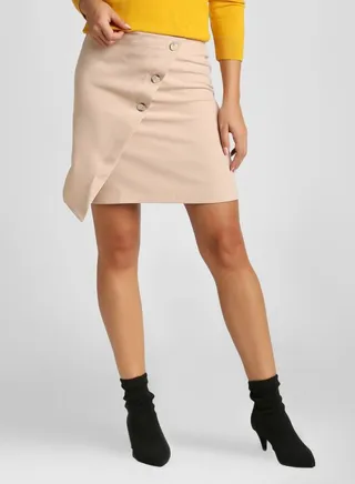 Solid Design Button Detail Skirt Beige 