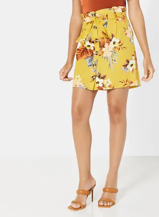Tropical Print Belted Skirt Yellow 