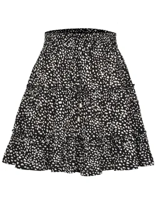 Women's Summer Boho Printed Mini Skirt High Waist Drawstring Tiered Skirts Black 