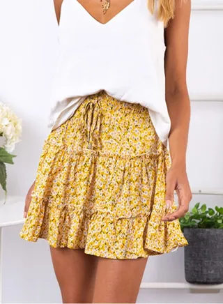 Women's Summer Boho Floral Print Mini Skirt High Waist Drawstring Tiered Skirts Yellow 