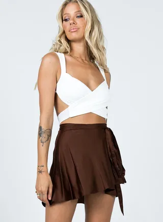 Women's Summer Wrap High Waist Solid Color Ruffle Short Mini Skirts Brown 