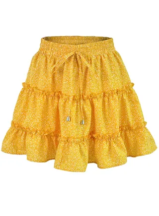 Women's Summer Boho Dot Patterned Mini Skirt High Waist Drawstring Tiered Skirts Yellow 