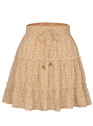 Women's Summer Boho Dot Patterned Mini Skirt High Waist Drawstring Tiered Skirts Khaki 