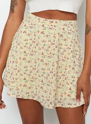Women's Summer Wrap High Waist Floral Printed Ruffle Skirt Short Mini Umbrella Zipper Skirts Light Yellow Mix 