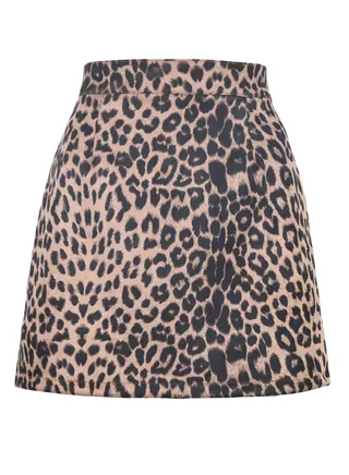 Women's Hip Wrap High Waist Leopard Print Zipper Short Mini Skirts Side Slit Pencil Skirt Beige/Black 