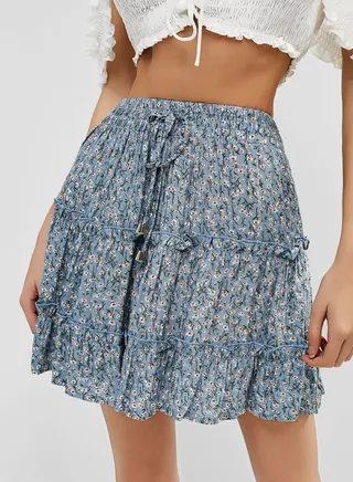 Women's Summer Boho Floral Print Mini Skirt High Waist Drawstring Tiered Skirts Blue 