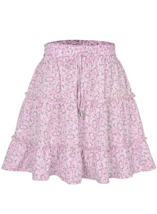 Women's Summer Boho Dot Patterned Mini Skirt High Waist Drawstring Tiered Skirts Dusty Pink 