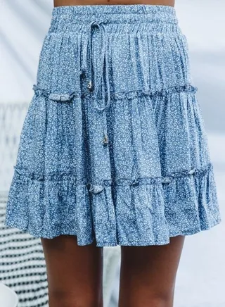 Women's Summer Boho Dot Patterned Mini Skirt High Waist Drawstring Tiered Skirts Sky Blue 
