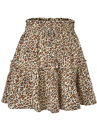 Women's Summer Cute High Waist Ruffle Skirt Leopard Print Swing Beach Mini Skirt  Brown 