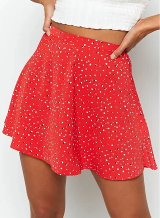 Women's Summer Wrap High Waist Printed Ruffle Skirt Short Mini Umbrella Zipper Skirts Red Mix 