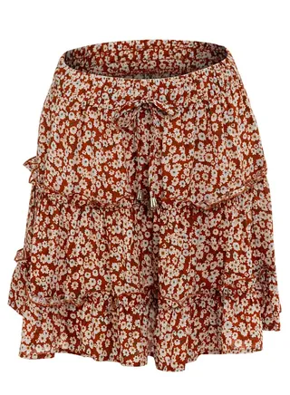 Women's Summer Boho Floral Print Mini Skirt High Waist Drawstring Tiered Skirts Jujube Red 