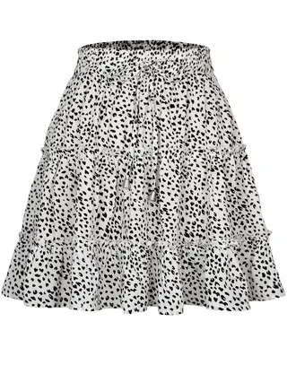 Women's Summer Boho Printed Mini Skirt High Waist Drawstring Tiered Skirts White 