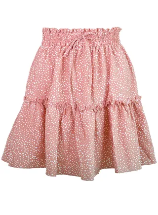 Women's Summer Cute High Waist Ruffle Skirt Polka Dot Print Swing Beach Mini Skirt Pink/White 
