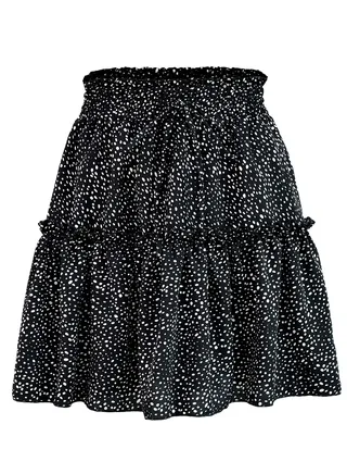 Women's Summer Cute High Waist Ruffle Skirt Polka Dot Print Swing Beach Mini Skirt Black/White 